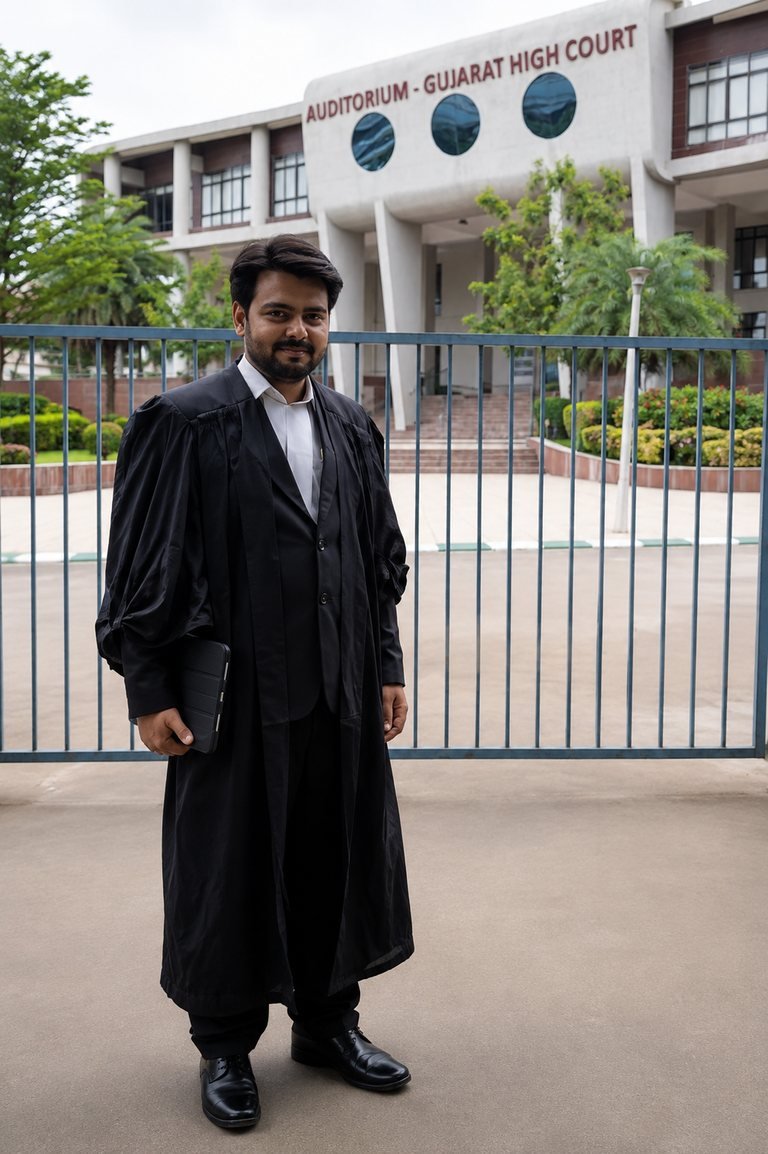 Brijesh Parekh in advocate's gown at the Gujarat High Court campus, Ahmedabad